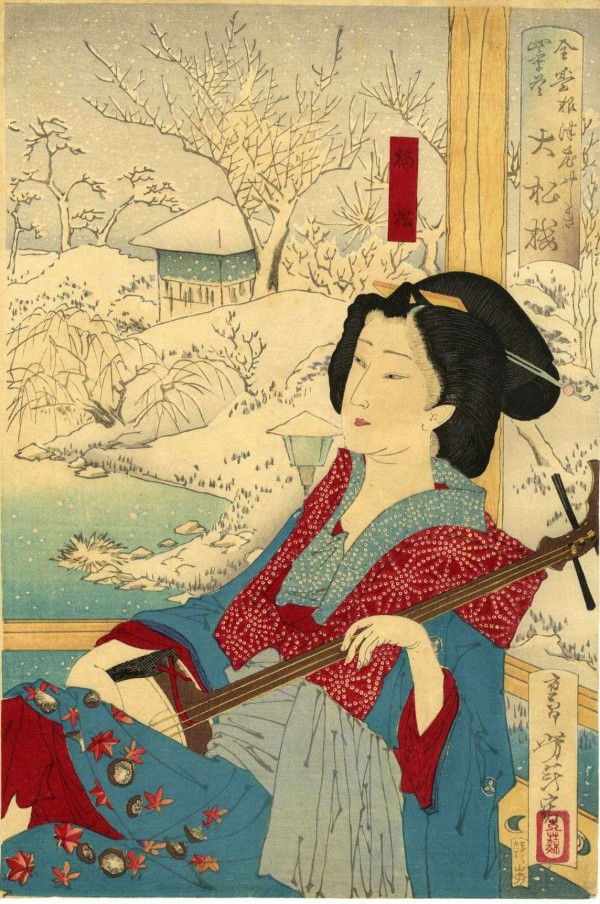 Woman within winter landscape by Mizuno Toshikata